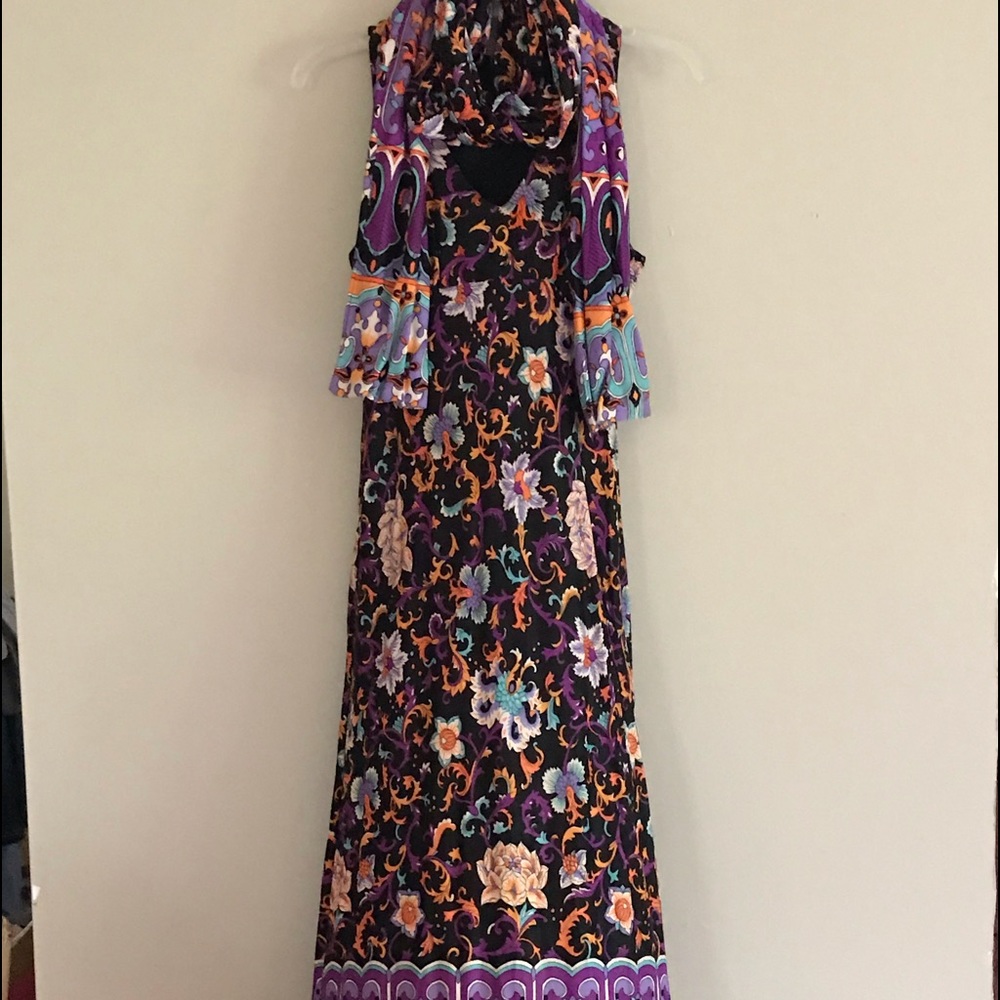 Vintage black floral maxi dress with sash tie